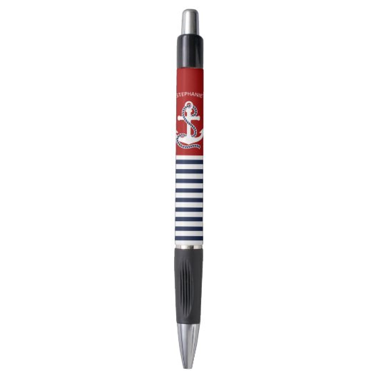 Nautical Navy Blue White Stripes and White Anchor Pen (Voorkant Verticaal)