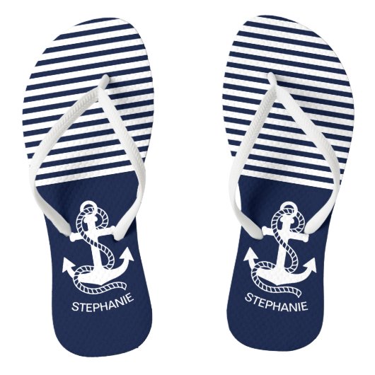 Nautical Navy Blue White Stripes and White Anchor Teenslippers (Voetbed)