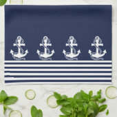 Nautical Navy Blue White Stripes and White Anchor Theedoek (Gevouwen)