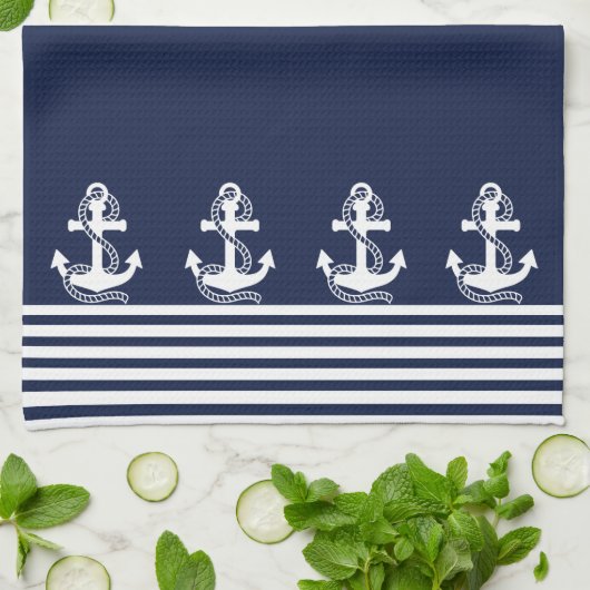 Nautical Navy Blue White Stripes and White Anchor Theedoek (Gevouwen)