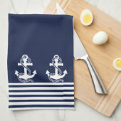 Nautical Navy Blue White Stripes and White Anchor Theedoek (Quarter Fold)