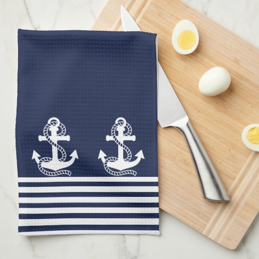 Nautical Navy Blue White Stripes and White Anchor Theedoek (Quarter Fold)