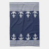 Nautical Navy Blue White Stripes and White Anchor Theedoek (Verticaal)