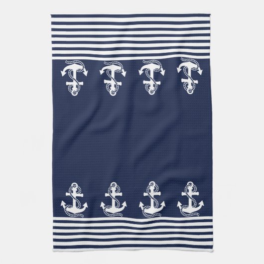 Nautical Navy Blue White Stripes and White Anchor Theedoek (Verticaal)