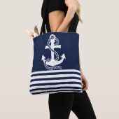 Nautical Navy Blue White Stripes and White Anchor Tote Bag (Dichtbij)