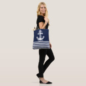 Nautical Navy Blue White Stripes and White Anchor Tote Bag (Op model)
