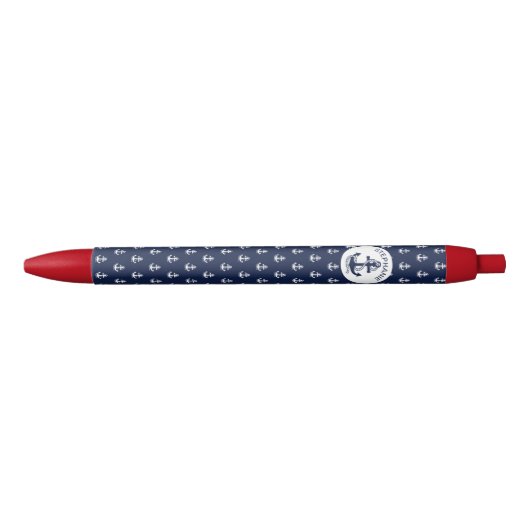 Nautical Navy Blue White Stripes and White Anchor Zwarte Inkt Pen (Voorkant)