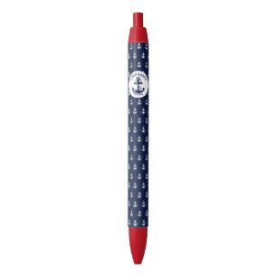 Nautical Navy Blue White Stripes and White Anchor Zwarte Inkt Pen