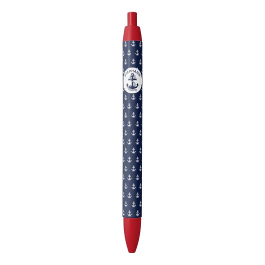 Nautical Navy Blue White Stripes and White Anchor Zwarte Inkt Pen (Voorkant Verticaal)