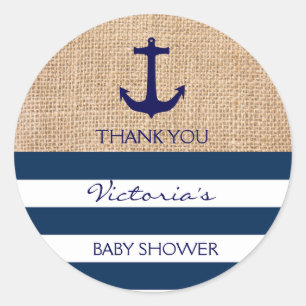 Nautical Navy Blue White Stripes Burlap Anker Ronde Sticker