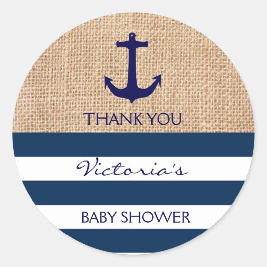 Nautical Navy Blue White Stripes Burlap Anker Ronde Sticker (Voorkant)