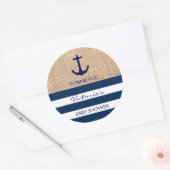 Nautical Navy Blue White Stripes Burlap Anker Ronde Sticker (Envelop)