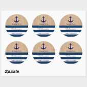 Nautical Navy Blue White Stripes Burlap Anker Ronde Sticker (Vel)