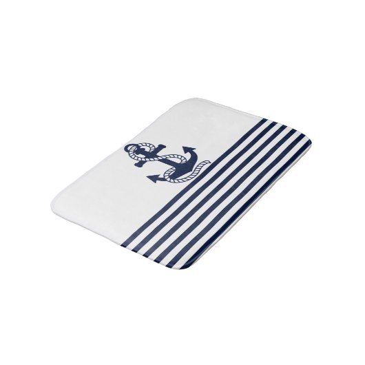 Nautical Navy Blue White Stripes en Blue Anchor Badmat (Gekanteld)