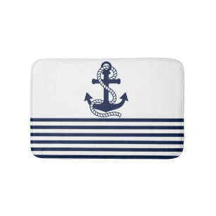 Nautical Navy Blue White Stripes en Blue Anchor Badmat