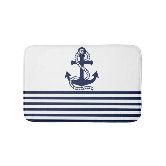 Nautical Navy Blue White Stripes en Blue Anchor Badmat (Voorkant)