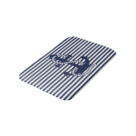 Nautical Navy Blue White Stripes en Blue Anchor Badmat (Gekanteld)