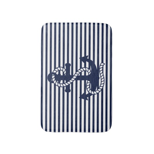 Nautical Navy Blue White Stripes en Blue Anchor Badmat (Voorkant Verticaal)