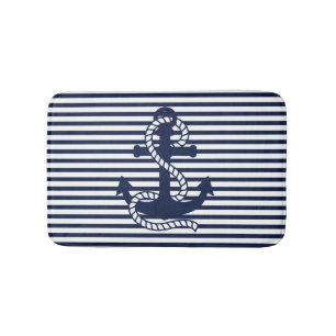 Nautical Navy Blue White Stripes en Blue Anchor Badmat