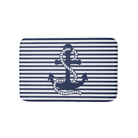 Nautical Navy Blue White Stripes en Blue Anchor Badmat (Voorkant)