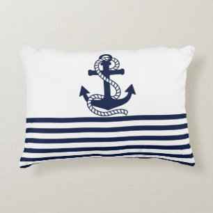 Nautical Navy Blue White Stripes en Blue Anchor Decoratief Kussen