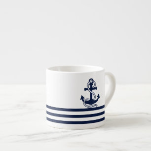 Nautical Navy Blue White Stripes en Blue Anchor Espresso Kop