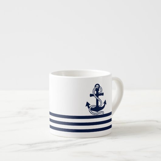 Nautical Navy Blue White Stripes en Blue Anchor Espresso Kop (Voorkant rechts)