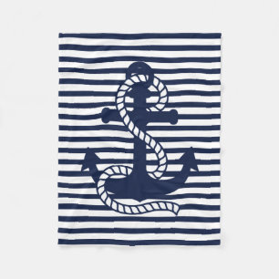 Nautical Navy Blue White Stripes en Blue Anchor Fleece Deken