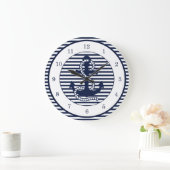 Nautical Navy Blue White Stripes en Blue Anchor Grote Klok (Huis)