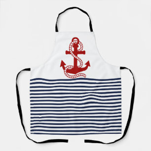 Nautical Navy Blue White Stripes en Red Ancho Schort
