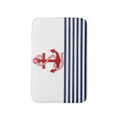 Nautical Navy Blue White Stripes en Red Anchor Badmat (Voorkant Verticaal)