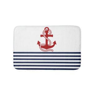 Nautical Navy Blue White Stripes en Red Anchor Badmat