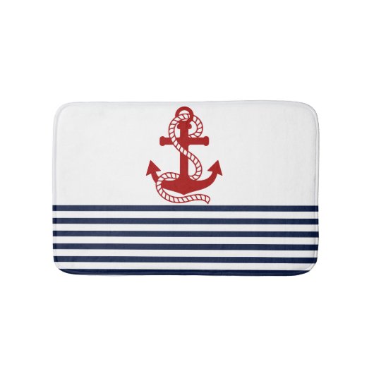 Nautical Navy Blue White Stripes en Red Anchor Badmat (Voorkant)