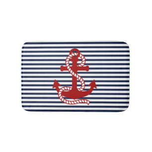 Nautical Navy Blue White Stripes en Red Anchor Badmat