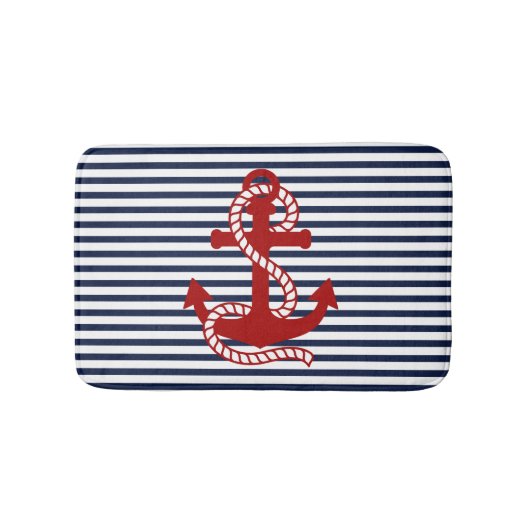 Nautical Navy Blue White Stripes en Red Anchor Badmat (Voorkant)