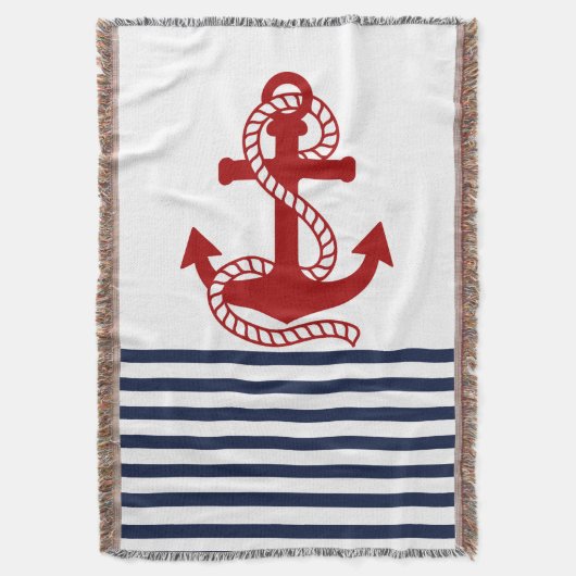 Nautical Navy Blue White Stripes en Red Anchor Deken (Voorkant Verticaal)
