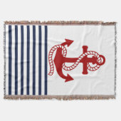 Nautical Navy Blue White Stripes en Red Anchor Deken (Voorkant)
