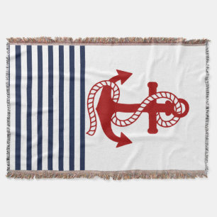 Nautical Navy Blue White Stripes en Red Anchor Deken