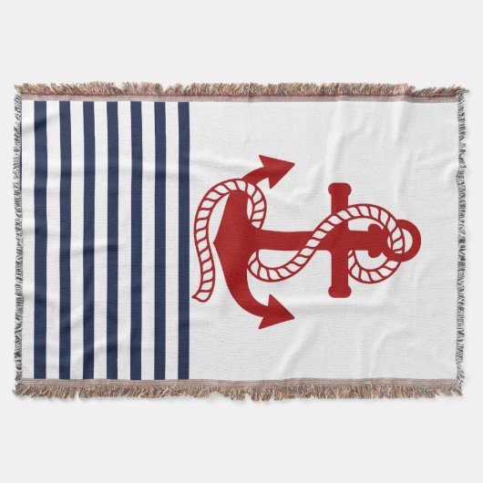 Nautical Navy Blue White Stripes en Red Anchor Deken (Voorkant)