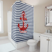 Nautical Navy Blue White Stripes en Red Anchor Douchegordijn (In situ)