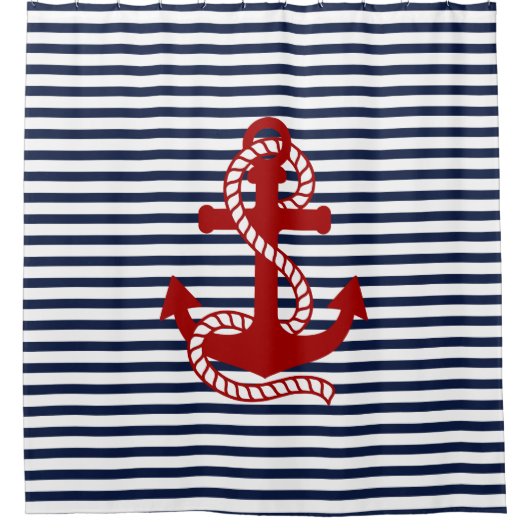 Nautical Navy Blue White Stripes en Red Anchor Douchegordijn (Voorkant)