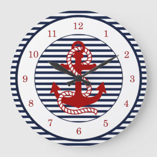 Nautical Navy Blue White Stripes en Red Anchor Grote Klok