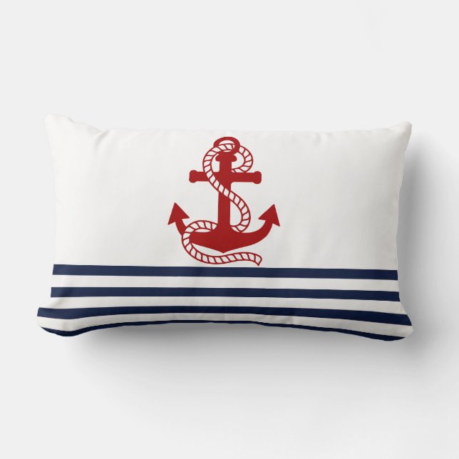 Nautical Navy Blue White Stripes en Red Anchor Kussen (Voorkant)