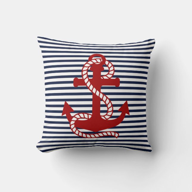 Nautical Navy Blue White Stripes en Red Anchor Kussen (Voorkant)
