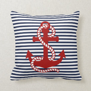 Nautical Navy Blue White Stripes en Red Anchor Kussen