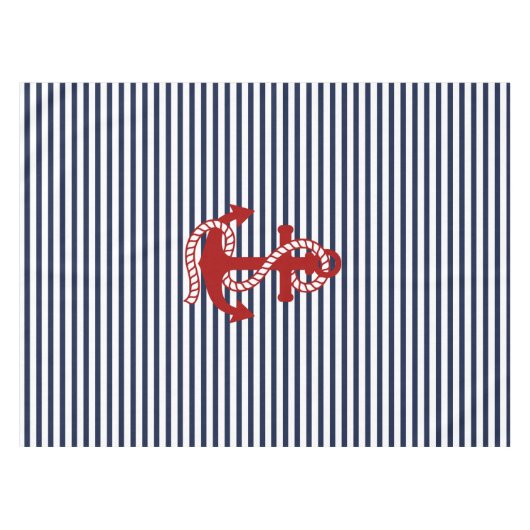 Nautical Navy Blue White Stripes en Red Anchor Tafelkleed (Voorkant (Horizontaal))