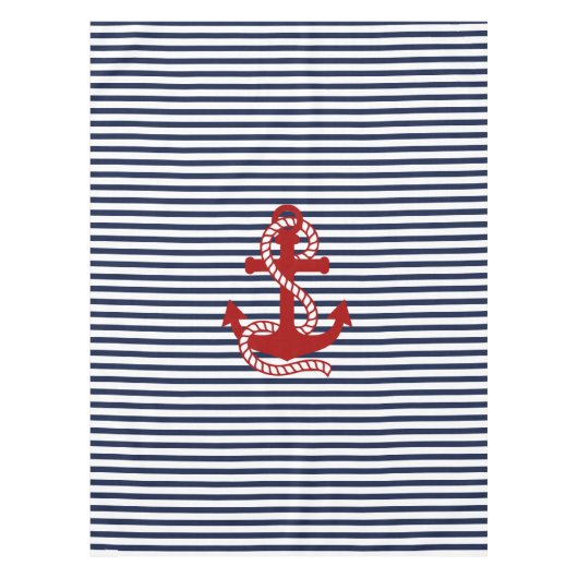Nautical Navy Blue White Stripes en Red Anchor Tafelkleed (Voorkant)