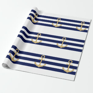 Nautical Navy Blue White Stripes Gold Anchor Cadeaupapier