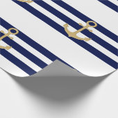 Nautical Navy Blue White Stripes Gold Anchor Cadeaupapier (Hoek)