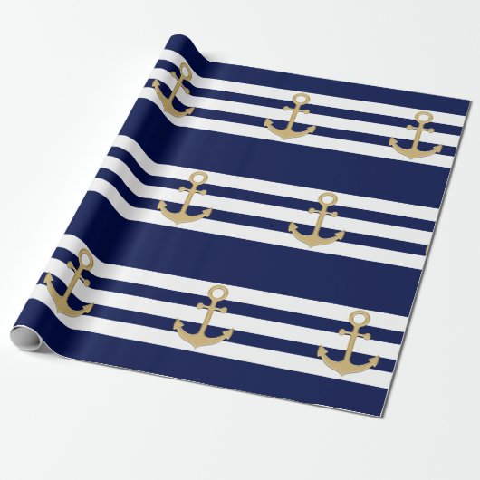 Nautical Navy Blue White Stripes Gold Anchor Cadeaupapier (Uitgerold)